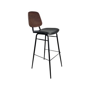 Super-Seat | Tabouret de bar en métal noir avec dossier en bois foncé et assise rembourrée noire. | Mobilier de restauration