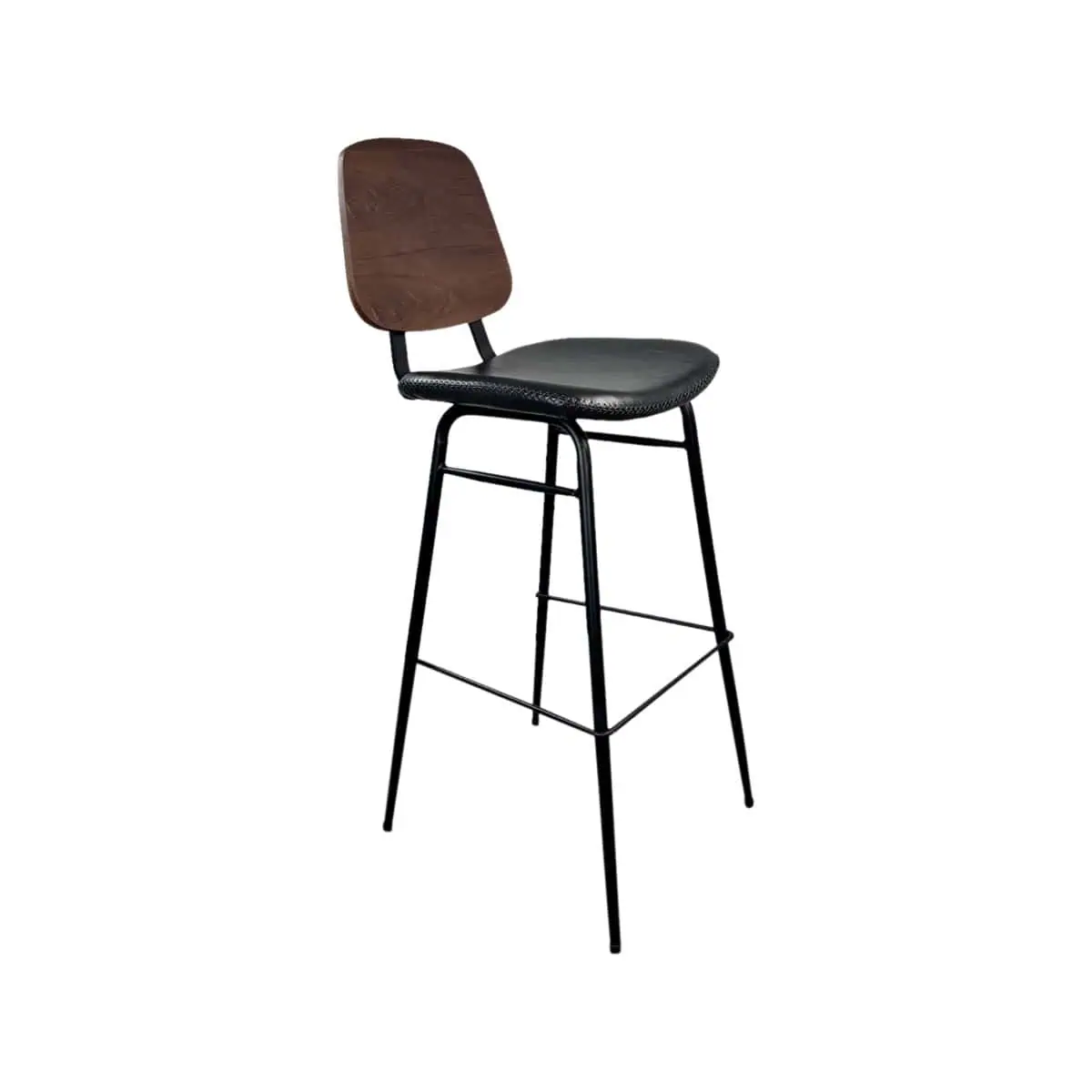 Super-Seat | Tabouret de bar en métal noir avec dossier en bois foncé et assise rembourrée noire. | Mobilier de restauration