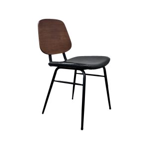 Super-Seat | Pieds en métal noir, siège noir, dossier en bois foncé sur fond blanc. | Mobilier de restauration