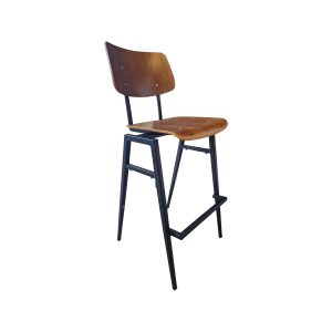 Super-Seat | Rietveld Industrial Barstools | Tabouret de bar haut en bois avec dossier incurvé, assise en bois brun et structure en métal noir. Style rustique-industriel. | Mobilier de restauration