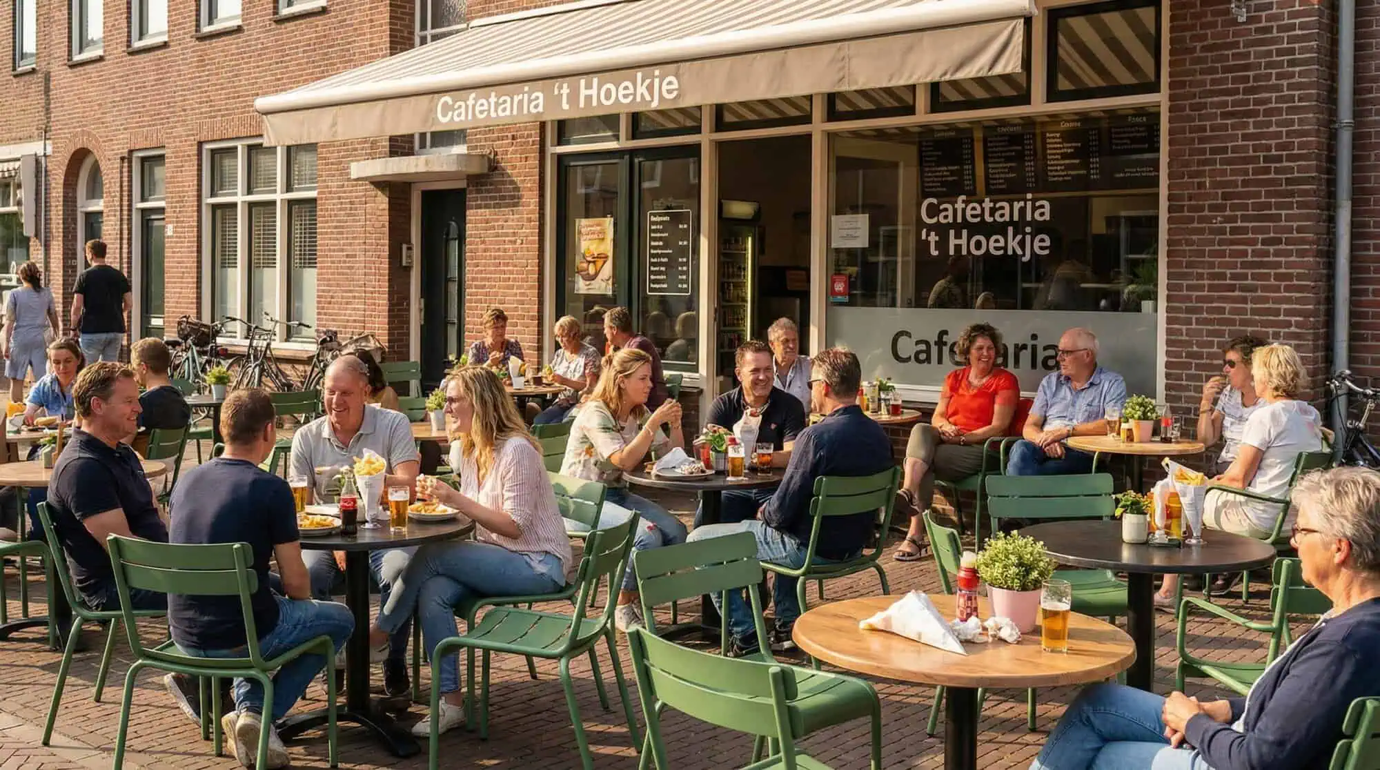 Super-Seat | Cafeteria 't Hoekje | Chaises et tables empilables en métal vertes à l'extérieur sur la terrasse d'un café en briques avec de grandes fenêtres. | Mobilier de restauration