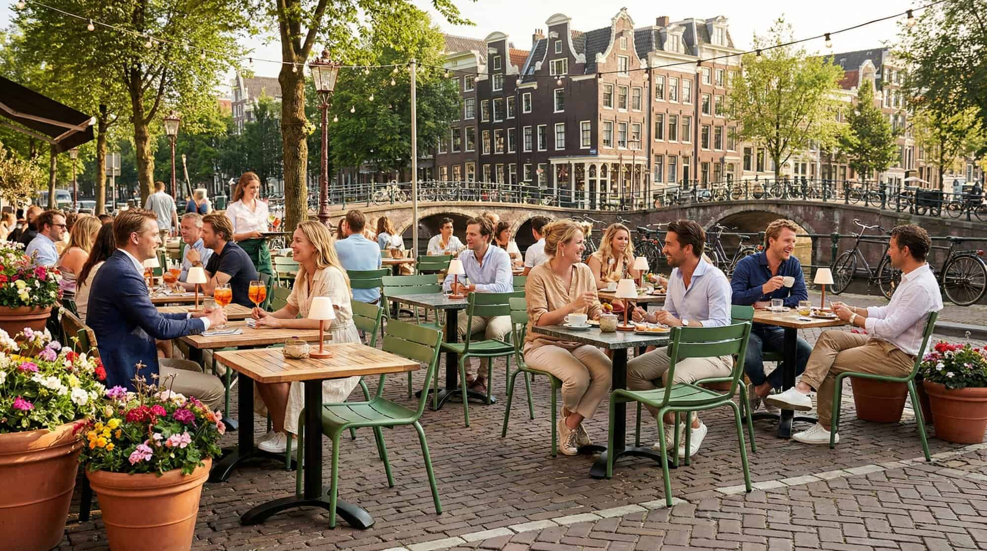 Super-Seat | Hospitalité des chaises de terrasse Vous allez rencontrer des chaises empilables en métal vert et des tables en bois au bord de l'eau. | Mobilier de restauration