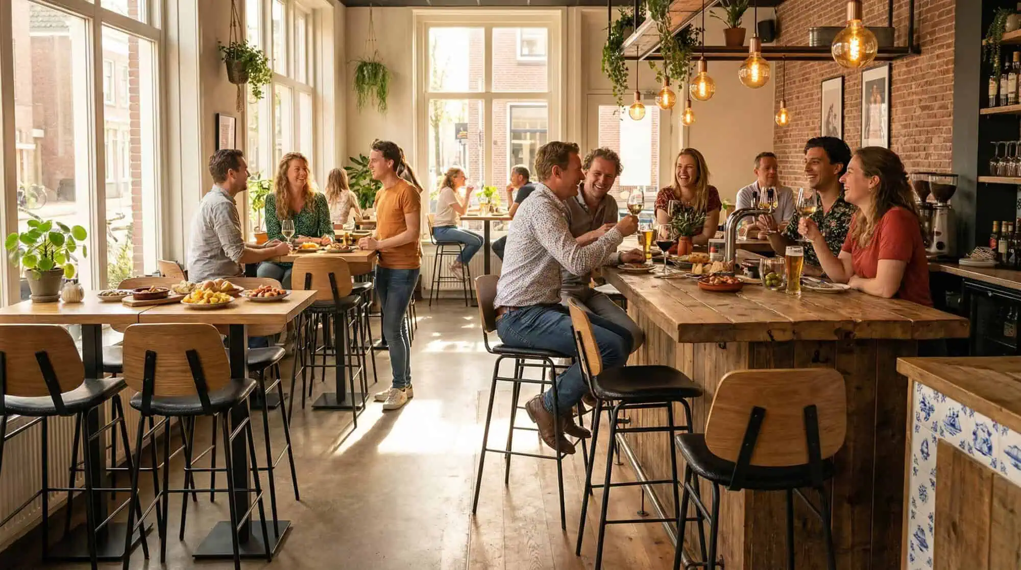 Super-Seat | Tables en bois, tabourets de bar en bois noir, café lumineux, beaucoup de plantes et de soleil. | Mobilier de restauration