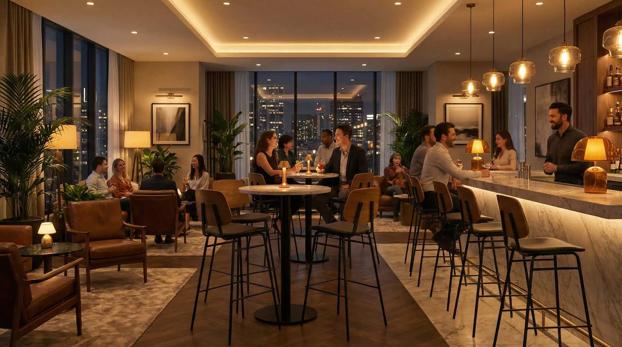 Super-Seat | Miles Retro hospitality bar stools wood / black | Tabourets de bar en bois noir, tables et chaises en bois, lumière chaude, vue de la ville. | Mobilier de restauration