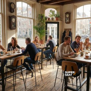 Super-Seat | Tables en bois et tabourets de bar noirs/bois, plantes, sol en bois, beaucoup de lumière, grandes fenêtres. | Mobilier de restauration
