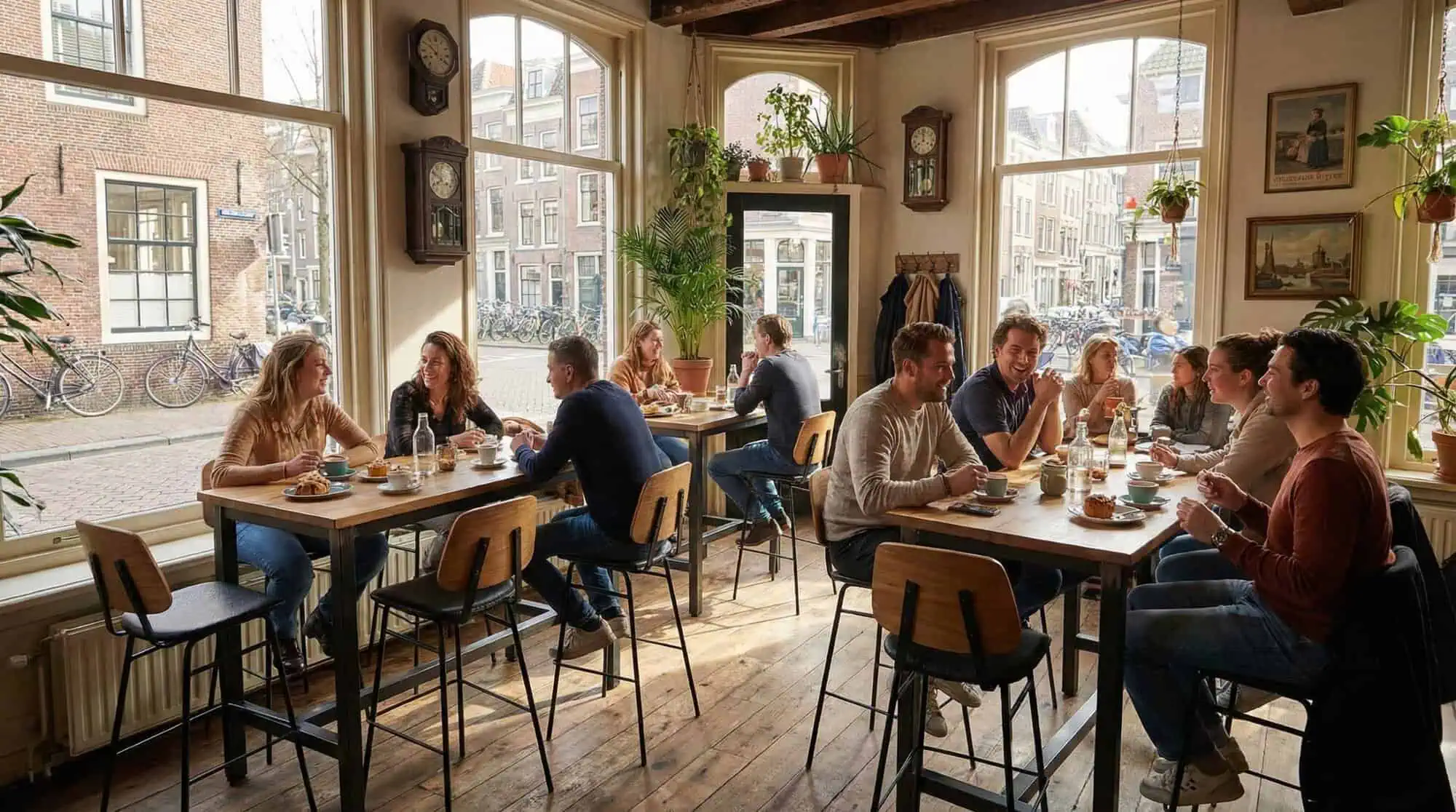 Super-Seat | Tables en bois et tabourets de bar noirs/bois, plantes, sol en bois, beaucoup de lumière, grandes fenêtres. | Mobilier de restauration