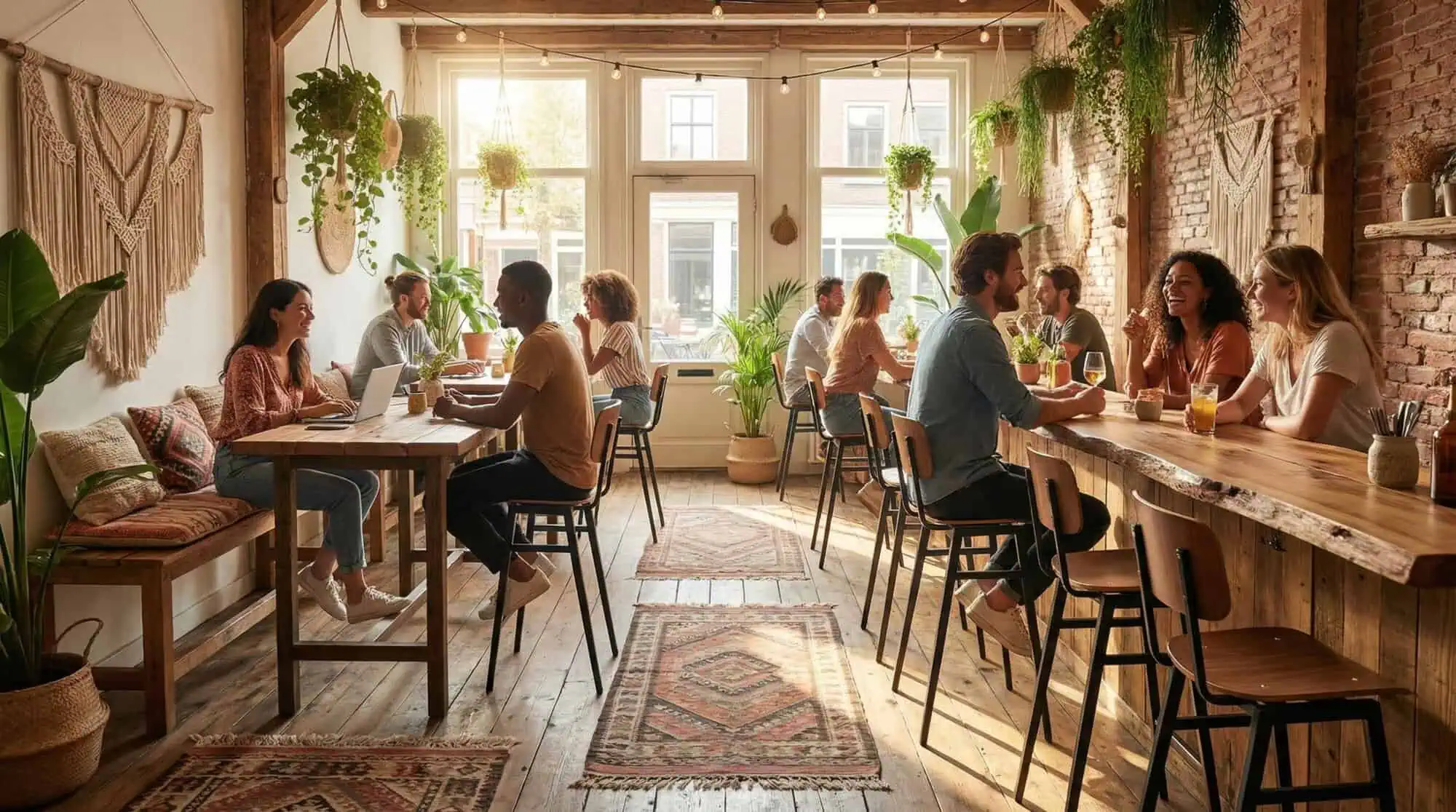 Super-Seat |Tables en bois brun, tabourets de bar en métal noir, sol en bois, mur en briques. | Mobilier de restauration