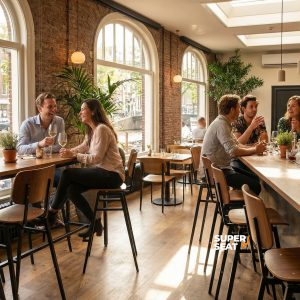 Super-Seat | Tabourets de bar industriels Rietveld marron/noir | Tabourets de bar en métal marron/noir à des tables en bois dans un café avec des murs en briques, un sol en bois, beaucoup de lumière. | Mobilier de restauration
