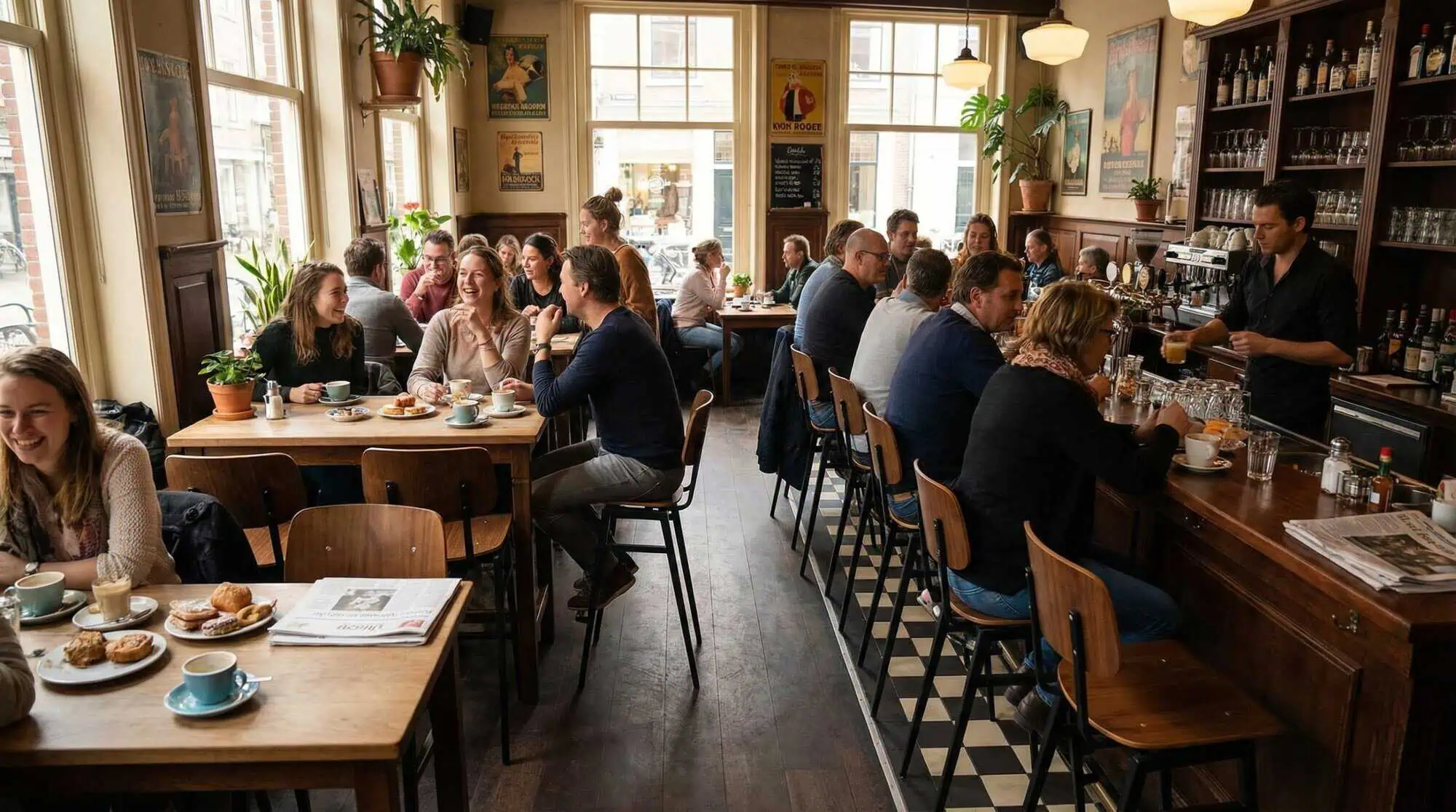Super-Seat | Tabourets de bar industriels Bronze/Noir | Chaises, tables et tabourets de bar en bois et métal ; brun/noir parmi les plantes et les affiches. | Mobilier de restauration