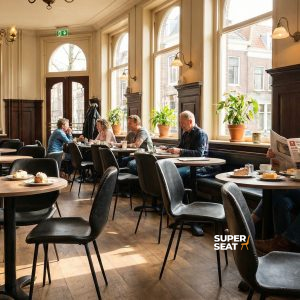 Super-Seat | Luxembourg hospitality stacking chairs green | Chaises empilables vertes en métal et tables en bois dans un café lumineux avec des plantes et des clients. | Mobilier de restauration