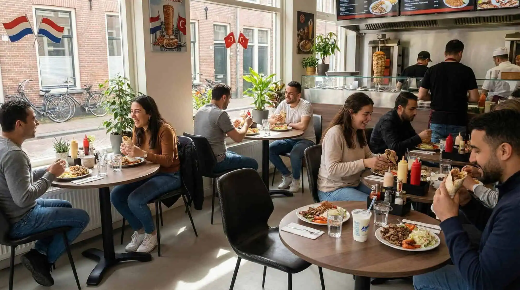 Super-Seat | Des chaises, des tables et des tabourets de bar en métal vert et en bois remplissent l'espace doté de grandes fenêtres. | Mobilier de restauration