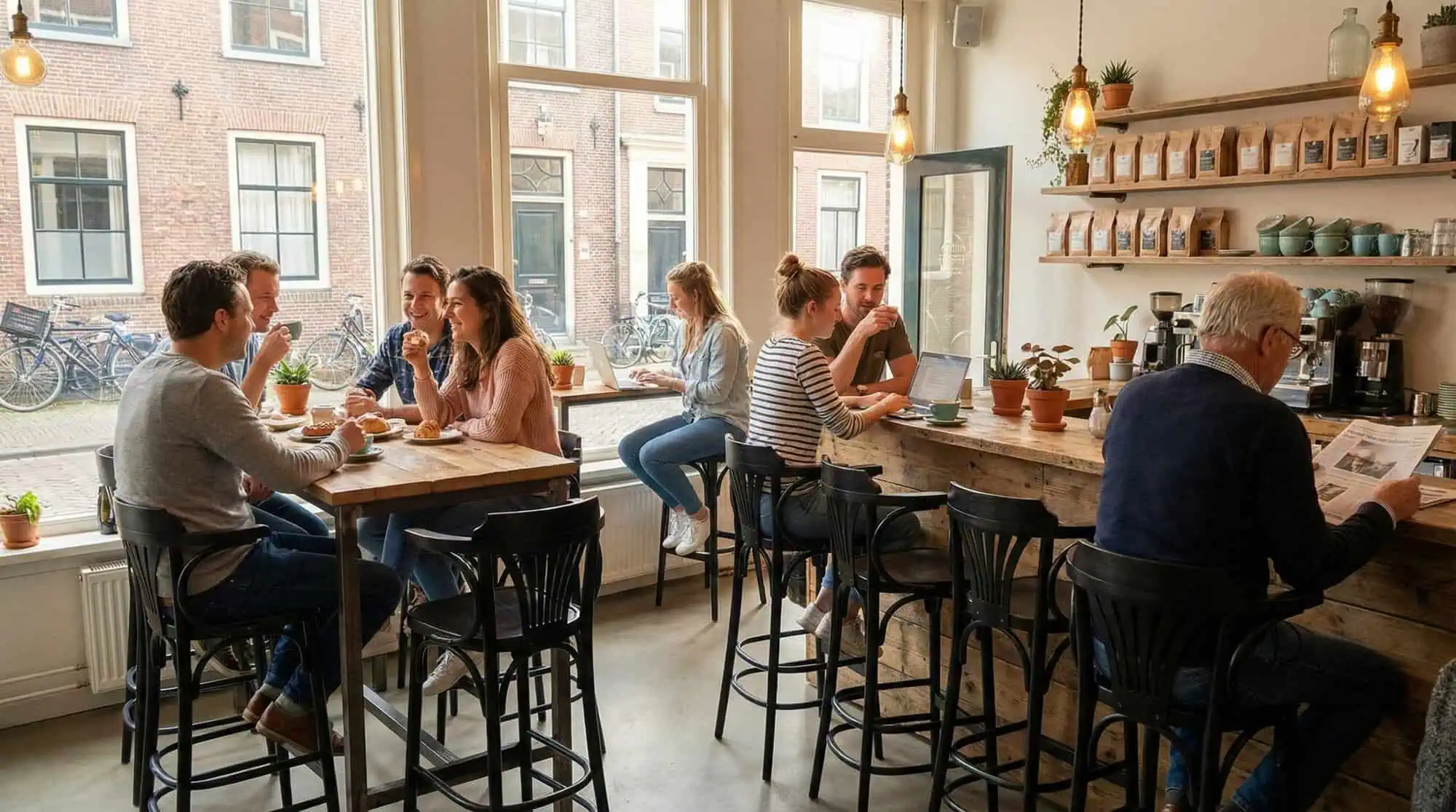 Super-Seat | Tabourets de bar, tables et chaises en bois noir ; beaucoup de lumière grâce aux grandes fenêtres du bar à café. | Mobilier de restauration