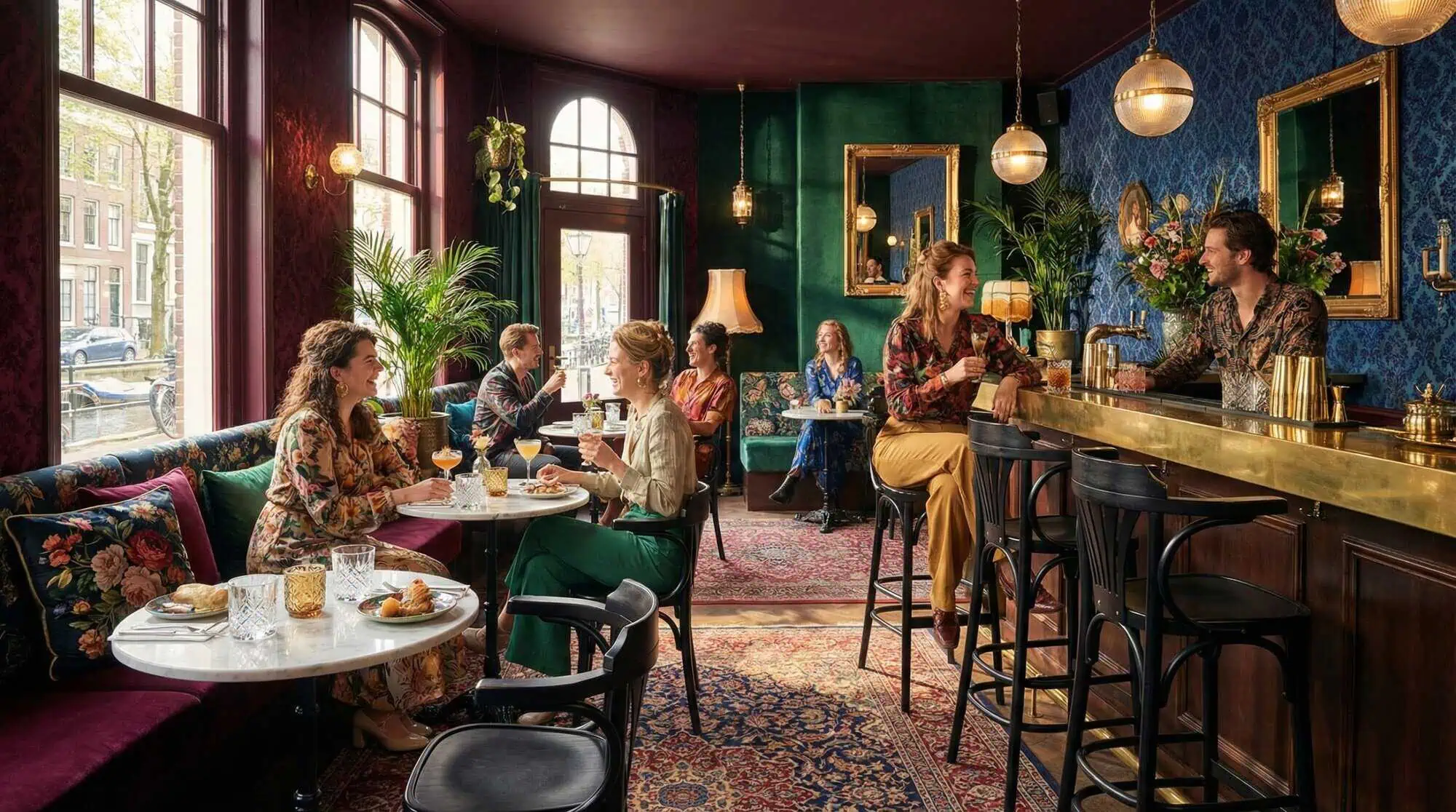 Super-Seat | Tabourets et chaises de bar en bois noir dans un café vintage avec des motifs, de l'or et de grandes fenêtres. | Mobilier de restauration