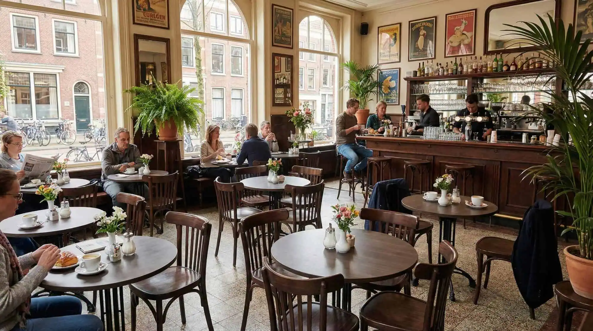 Super-Seat |Chaises de bar Thon marron foncé, tables en bois, espace lumineux avec plantes et affiches. | Mobilier de restauration