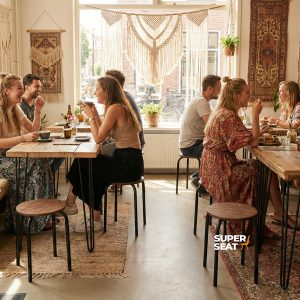 Super-Seat | Café Interior | Brown Tabouret Vanitas tabourets et tables en bois, murs en briques, tapis, beaucoup de soleil et de plantes. | Mobilier de restauration
