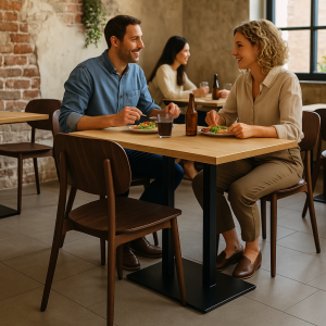 Super-Seat | Chaises design scandinaves Bonn marron | Bruine stoffen stoelen en houten tafel, flessen en glazen op casual restauranttafels. | Horecameubilair