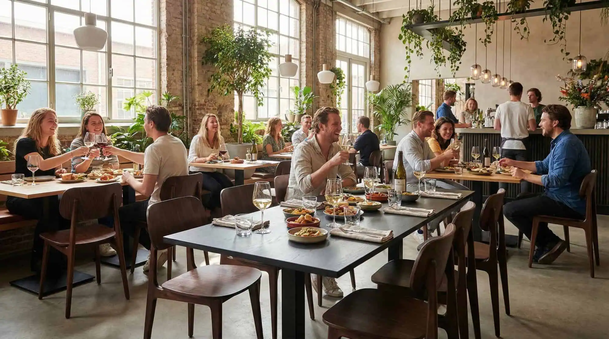 Super-Seat | Scandinavische design stoelen Bonn bruin | Bruine houten tafels, stoelen en barkrukken, planten zorgen voor sfeer in het restaurant. | Horecameubilair