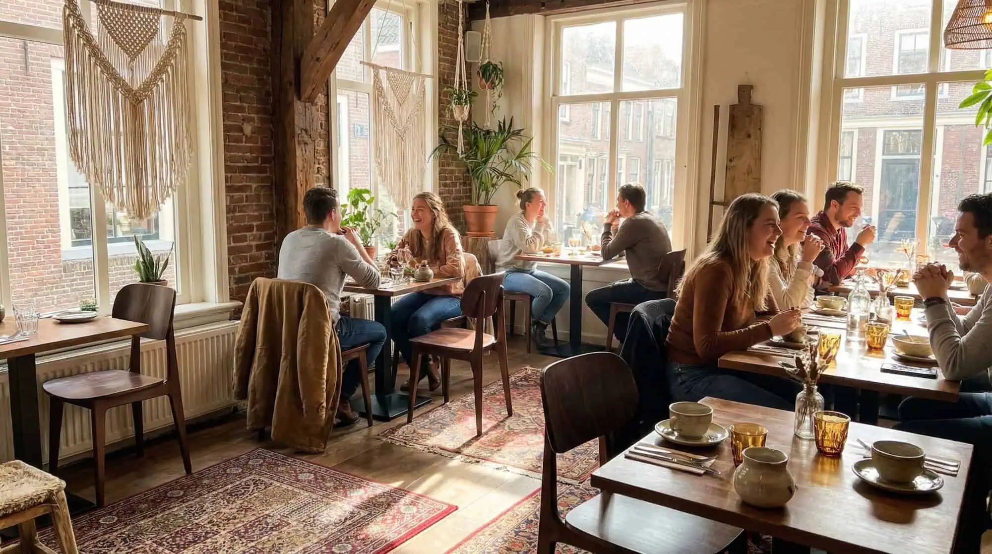 Super-Seat | Bonn Café Stoelen en Tafels Bruine Scandinavische stoelen en houten tafels, bakstenen muren, planten en warme tapijten. | Horecameubilair