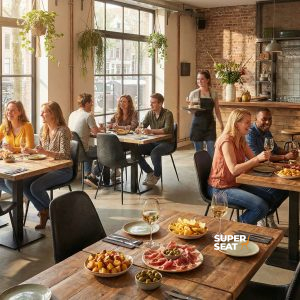 Super-Seat | Charlie vintage leather bucket seats black Chaises en cuir noir à des tables en bois dans un restaurant lumineux avec de grandes fenêtres. | Mobilier de restauration