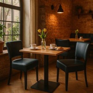 Super-Seat | Une petite table de café avec deux chaises Lisa Rome noir | Zwarte metalen stoelen en tafel, lichte houten poten, gele tulpen, warme bakstenen sfeer. | Horecameubilair