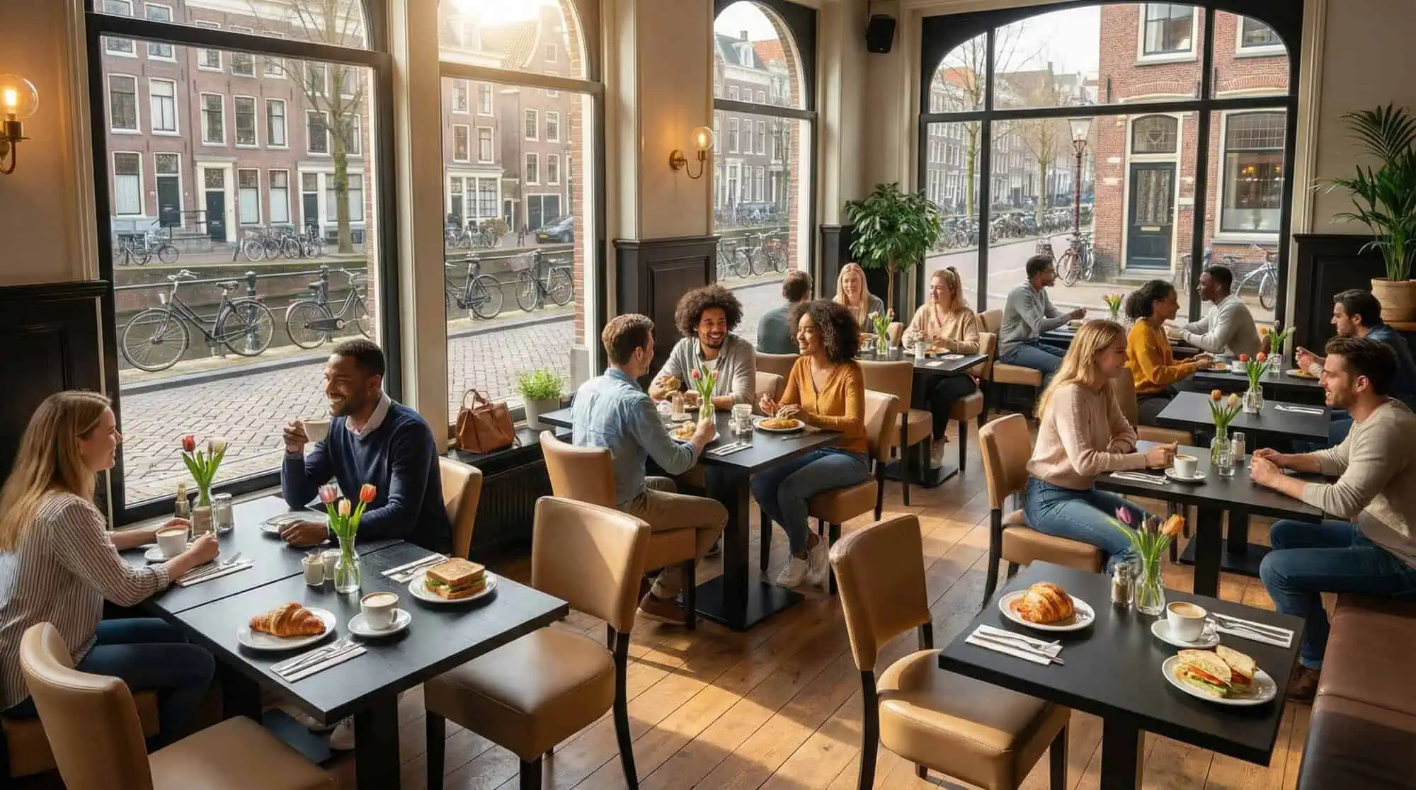 Super-Seat |Lisa Rome Hospitality Chairs Taupe Chaises en plastique et en bois de couleur taupe dans un café moderne avec vue sur le canal et les vélos. | Mobilier de restauration