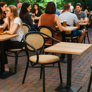 Super-Seat | Chaises en sangles noires avec accoudoirs et tables en bois sur une terrasse en briques, derrière un espace vert. | Mobilier pour la restauration