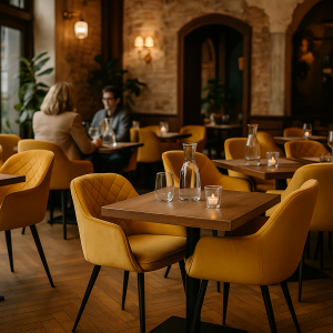 Super-Seat | Chaises d'accueil en velours diamant ocre | Fluwelen gele stoelen, houten tafels, glaswerk, warme sfeer, planten, zachte verlichting. | Horecameubilair