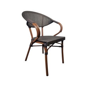 Super-Seat | Textile Hospitality Terrace Chairs Curved Brown | Chaise en osier brun foncé avec pieds en bois et détails en métal. | Mobilier de restauration