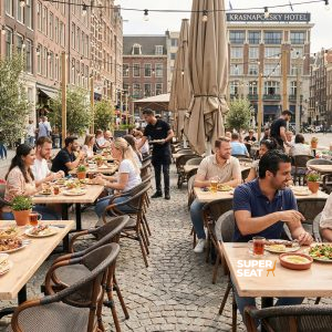 Super-Seat | Terrace Chairs Textile Stacking Chair Curved Brown with Arm | Chaises en textile marron avec accoudoirs et tables en métal sur le carré. | Mobilier de restauration