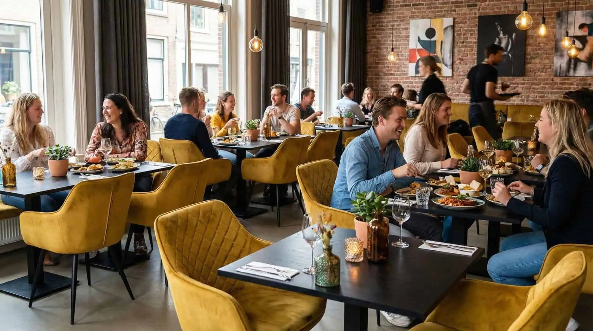 Super-Seat | Diamond velvet hospitality chairs ochre | Des chaises en velours ochre et des tables en bois ornent le restaurant moderne avec des plantes et de grandes fenêtres. | Mobilier de restauration