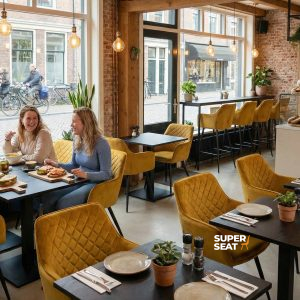 Chaises d'accueil Super-Seat | Diamond chaises jaune ocre et tables en bois dans un café moderne avec de grandes fenêtres et de la verdure. | Mobilier de restauration