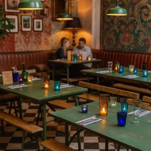 Super-Seat | Un restaurant confortable avec des tables pliantes militaires vintage | Tables pliantes en métal vert vintage, bancs en bois, carrelage noir/blanc, tasses en verre colorées. | Horecameubilair