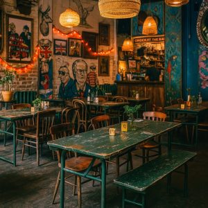 Super-Seat | Un café confortable avec des tables et des chaises en bois dépareillées | Houten stoelen en tafels, groene bladen, vintage armée vouwtafels, bloemvaasjes, metalen accenten. | Horecameubilair