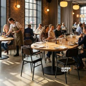 Super-Seat | Maxwell Hospitality Fauteuils Cognac | Chaises en cuir couleur cognac et tables rondes en bois dans un restaurant clair aux murs de briques. | Mobilier de restauration