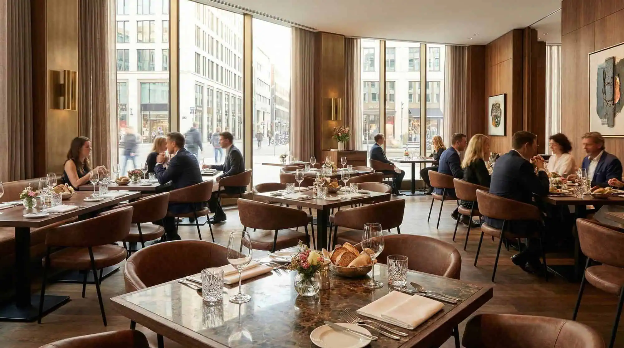 Super-Seat | Chaises en cuir cognac avec piétements métalliques, tables fixes, beaucoup de lumière et de grandes fenêtres. | Mobilier de restauration