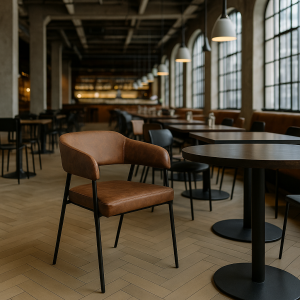 Super-Seat | Fauteuils d'accueil Maxwell cognac et tables rondes noires | Fauteuils en cuir cognac, tables en métal noir, intérieurs modernes. | Mobilier pour la restauration