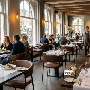 Super-Seat | Fauteuils Maxwell en cuir cognac, poutres en bois, tables avec draps blancs, grandes fenêtres, lumière naturelle et fleurs. | Mobilier de restauration