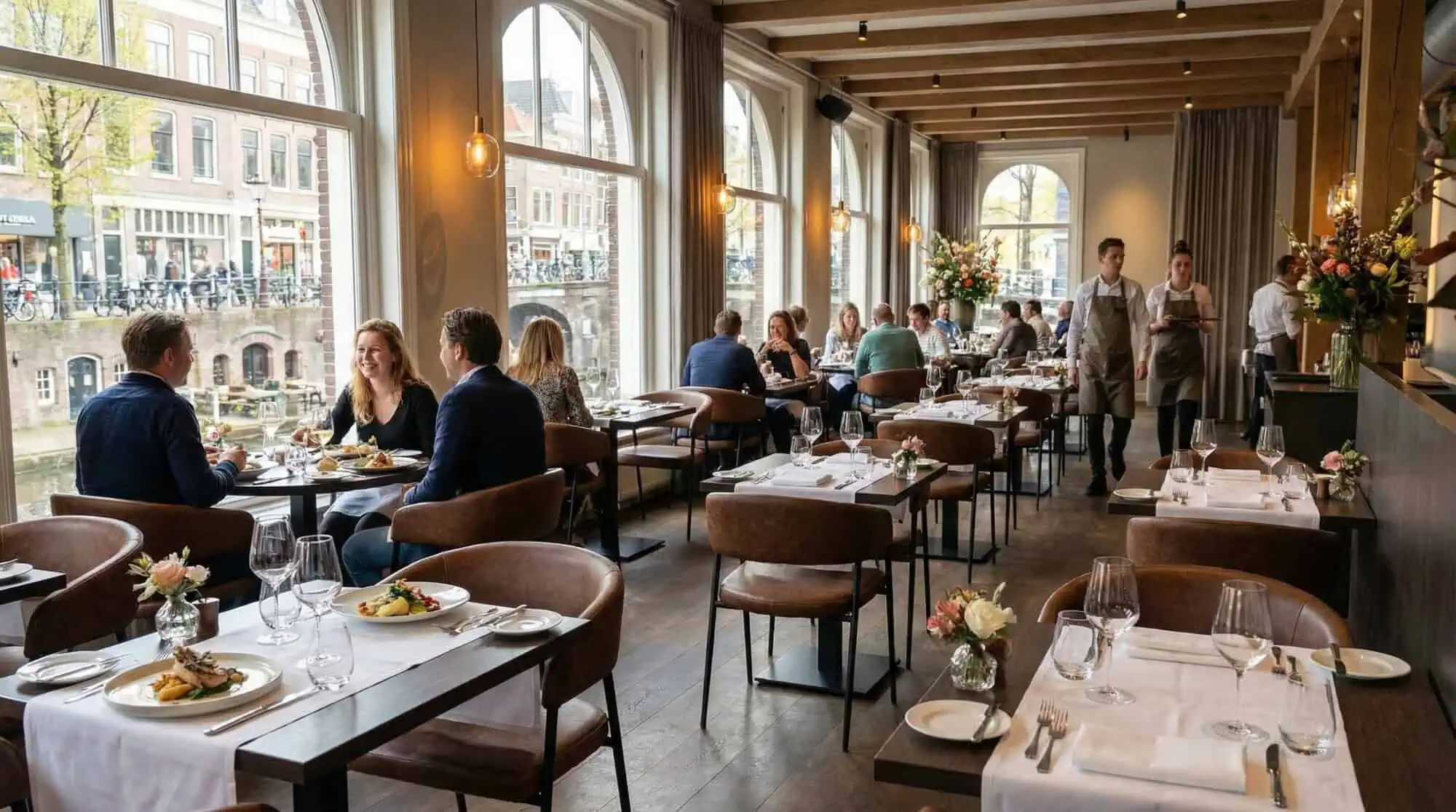 Super-Seat | Fauteuils Maxwell en cuir cognac, poutres en bois, tables avec draps blancs, grandes fenêtres, lumière naturelle et fleurs. | Mobilier de restauration