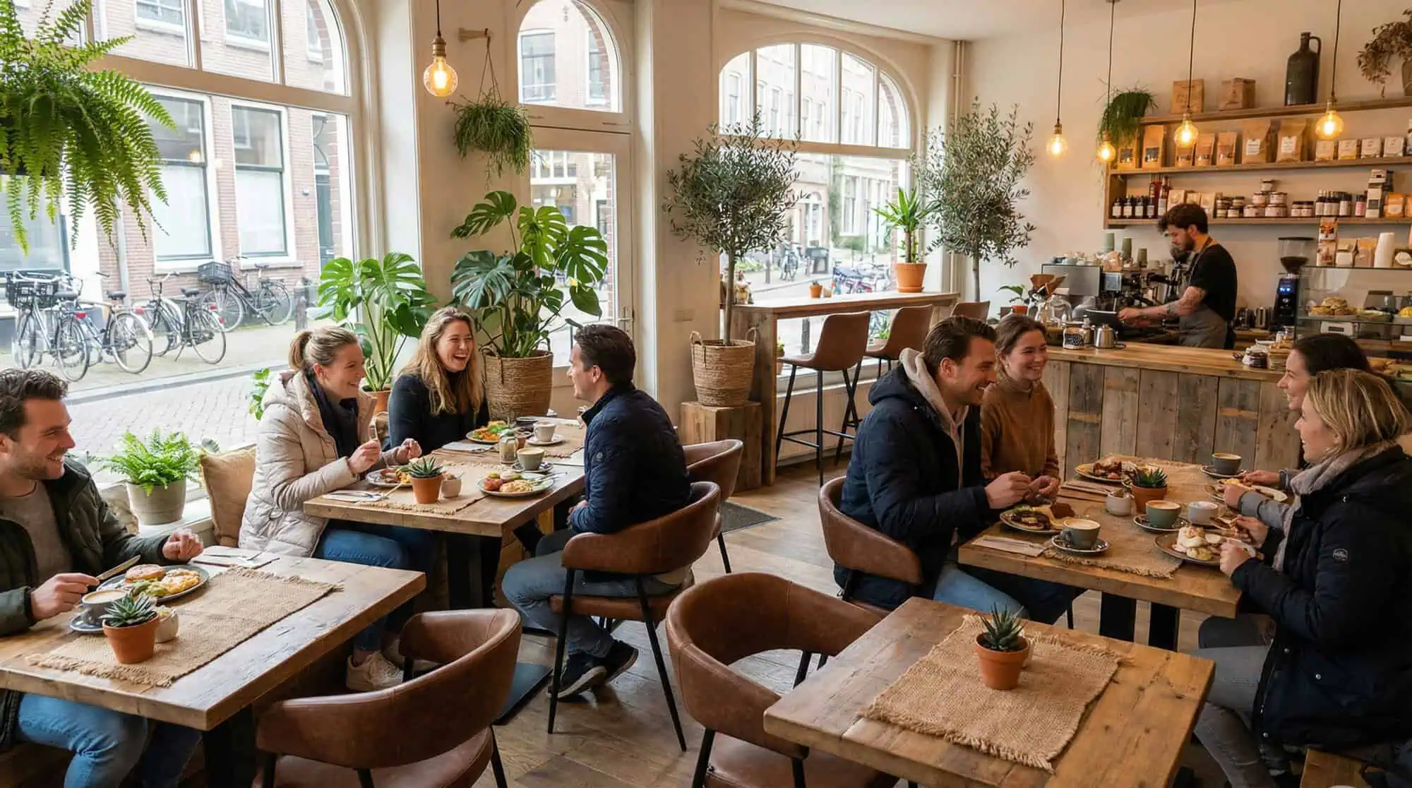 Super-Seat | Fauteuils Maxwell couleur cognac, tables en bois et plantes dans un café lumineux, barista au bar. | Mobilier de restauration