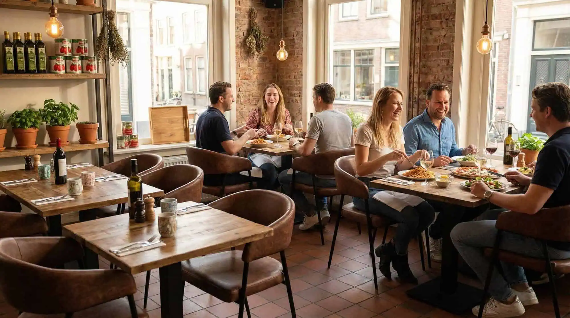 Super-Seat | Chaises en cuir couleur cognac et tables en bois, entourées de murs en briques et de grandes fenêtres. | Mobilier de restauration