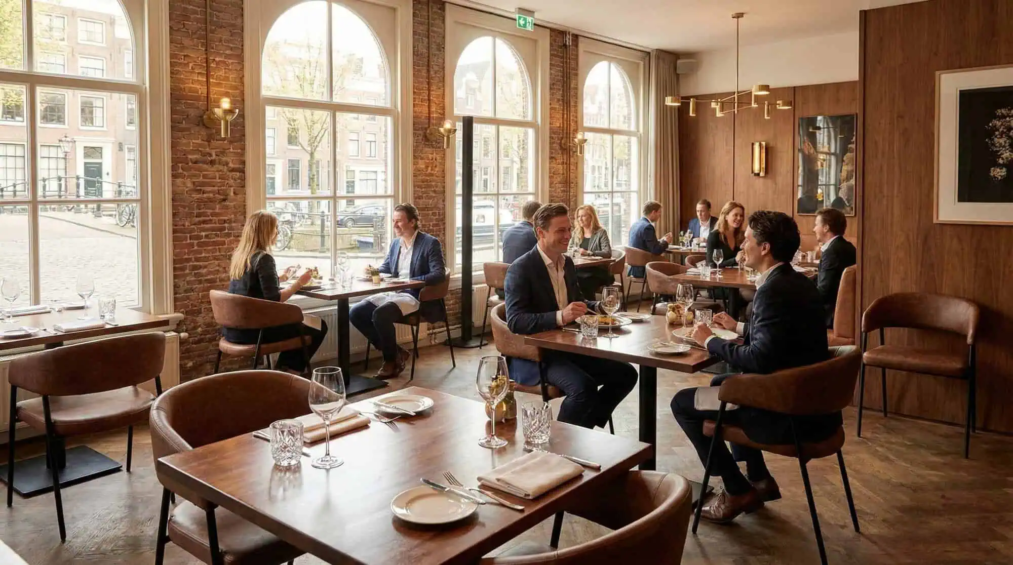 Super-Seat | Maxwell hospitality armchairs cognac | Fauteuils en cuir couleur cognac et tables en bois dans un restaurant moderne avec briques et bois. | Mobilier de restauration