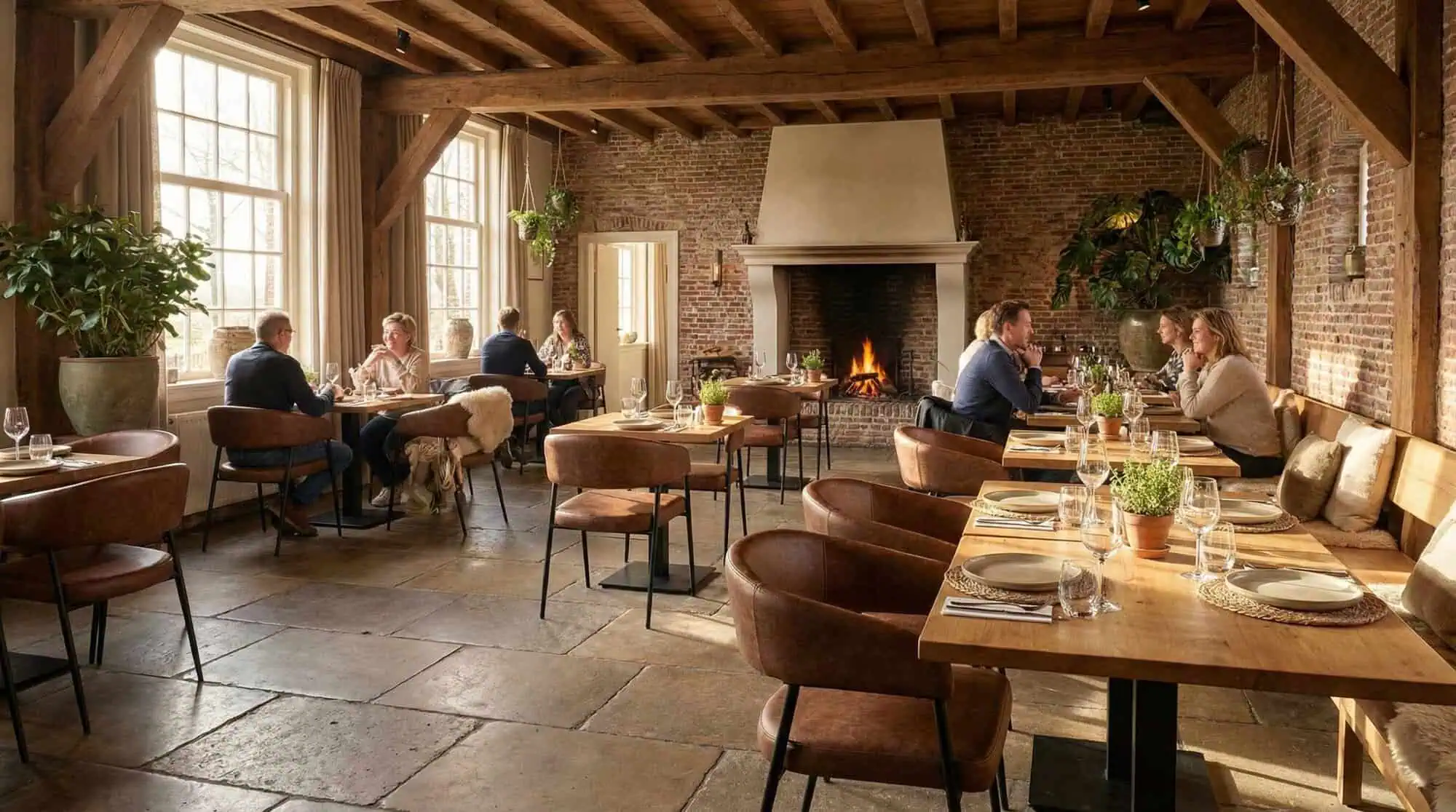 Super-Seat | Chaises en cuir de couleur cognac et pieds en métal noir sur des tables en bois dans un restaurant d'ambiance. | Mobilier de restauration