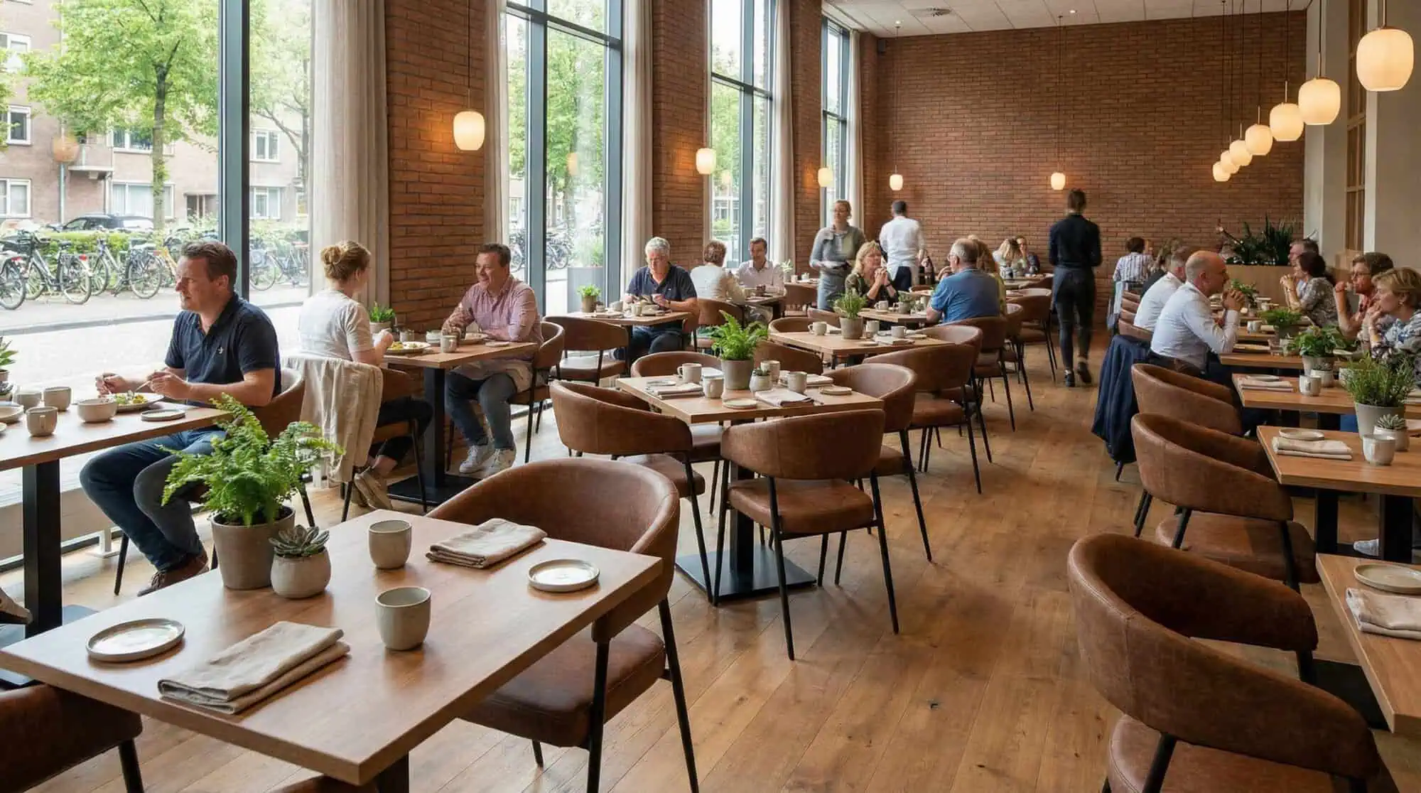 Super-Seat | Espace lumineux avec des chaises en cuir cognac, des tables en bois, de grandes fenêtres et beaucoup de plantes. | Mobilier de restauration