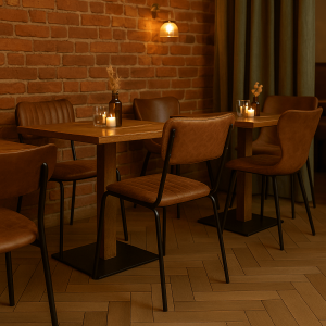 Super-Seat | Chaises d'accueil empilables Aviator cognac et houten tafels bij bakstenen muur ; cognac leer, hout, warme sfeerverlichting. |. | Horecameubilair