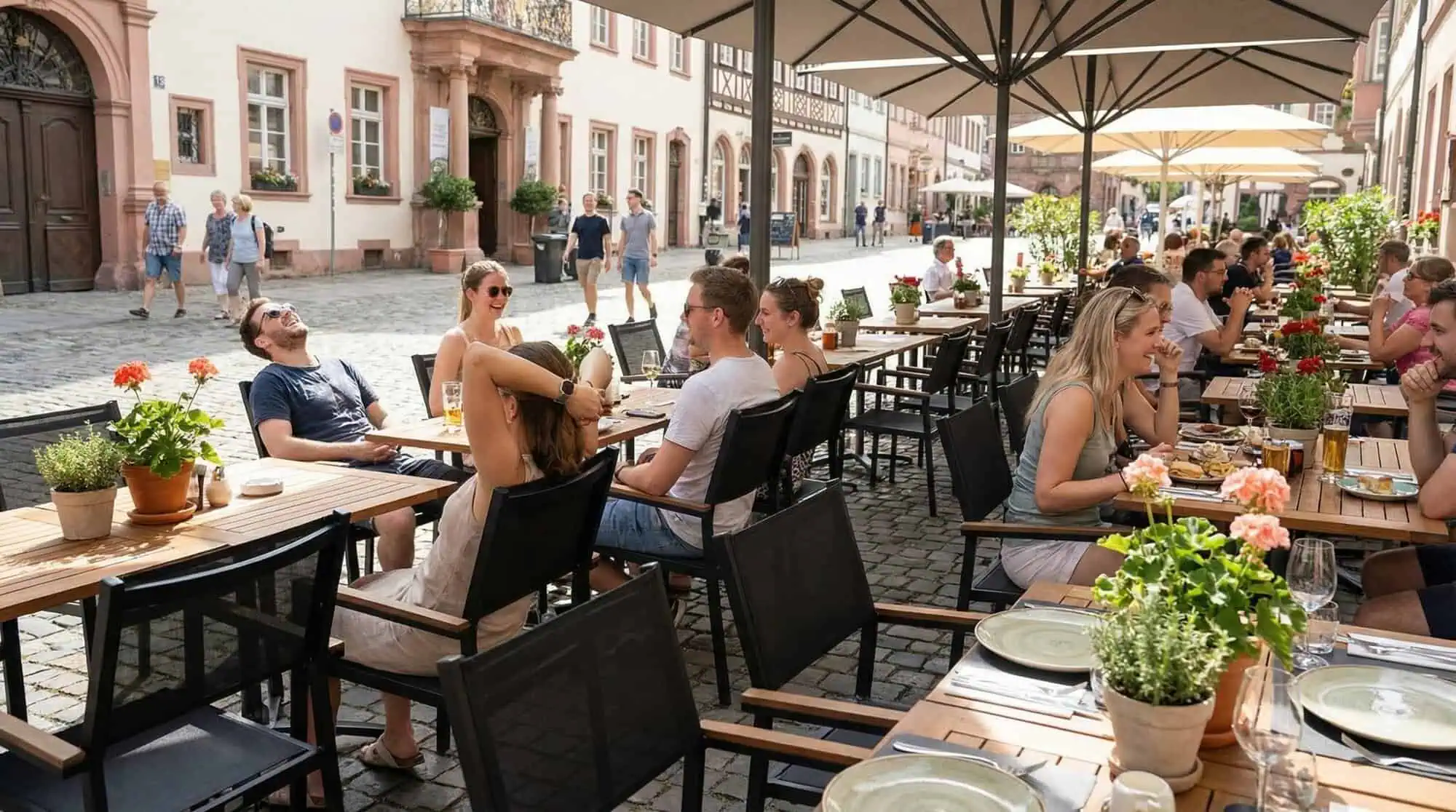 Super-Seat | Chaises de terrasse Sunny Black | Chaises en textile noir avec accoudoirs, tables en métal, jardinières en bois et parasols. | Mobilier de restauration