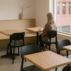 Super-Seat | Chaises design scandinaves Bonn noir | Tablettes en métal, panneaux et bancs à l'extérieur de la salle de bain, lichte vrouw zit alleen. | Horecameubilair
