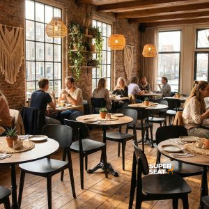 Super-Seat | Chaises design scandinaves Bonn noir | Chaise noire, sol en bois, tables, tabourets de bar et plantes dans une atmosphère chaleureuse. | Mobilier de restauration