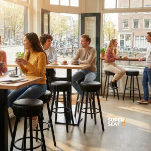 Super-Seat | Tabourets de bar industriels noirs, tables en bois ; café plein de plantes, grandes fenêtres et vues sur l'extérieur. | Mobilier de restauration