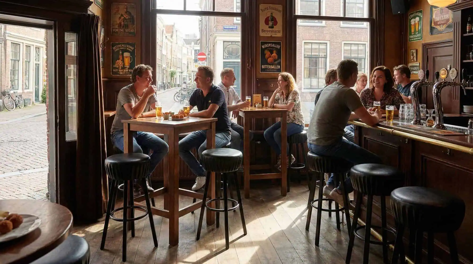 Super-Seat | Tabourets de bar industriels noirs Tabourets de bar en métal noir et tables en bois dans un pub lumineux avec de grandes fenêtres, des posters et la lumière du soleil. | Mobilier de restauration