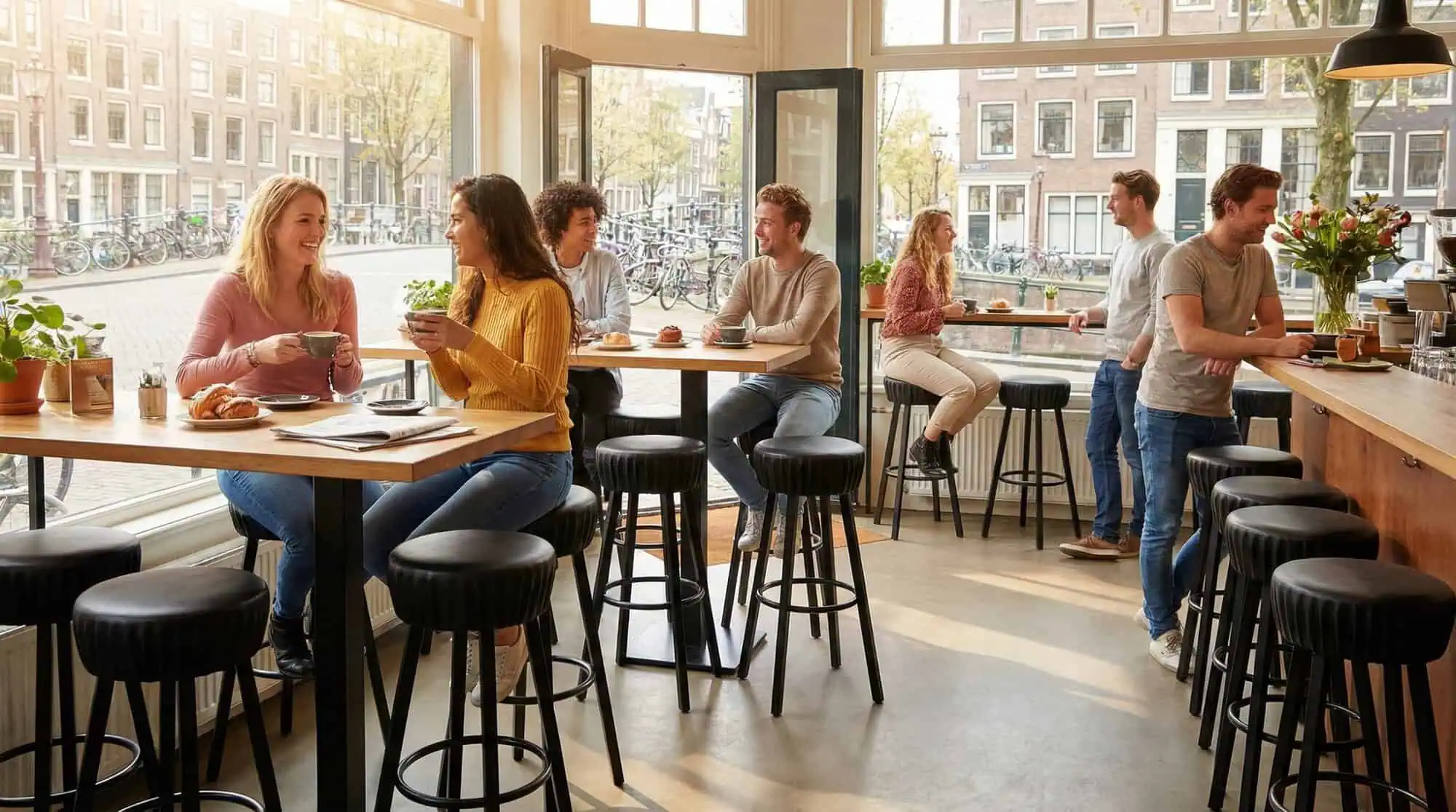 Super-Seat | Tabourets de bar industriels noirs, tables en bois ; café plein de plantes, grandes fenêtres et vues sur l'extérieur. | Mobilier de restauration